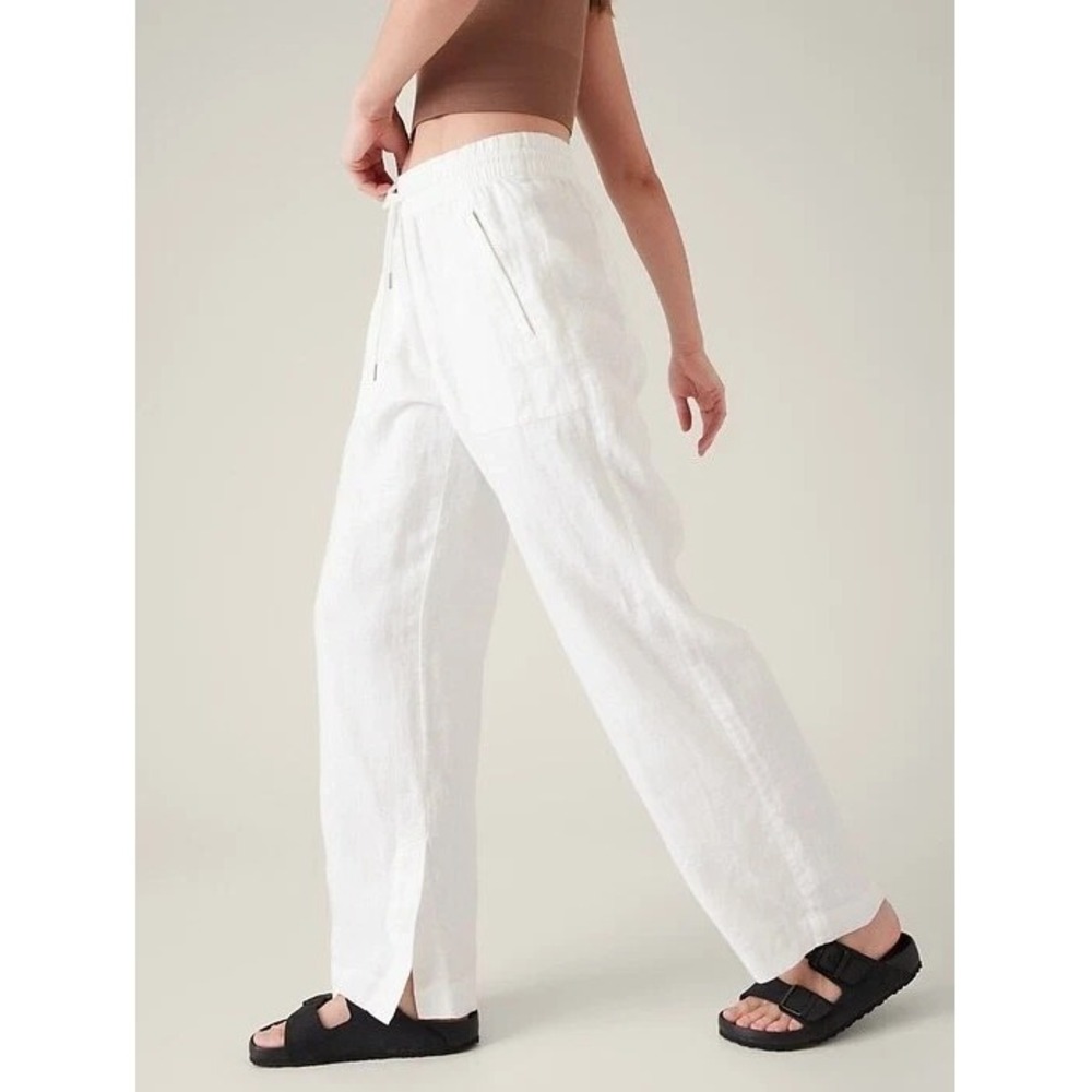 Athleta Retreat 100% Linen Wide Leg Pants White Resort Beach Zip Pockets Size 8 - Picture 6 of 14